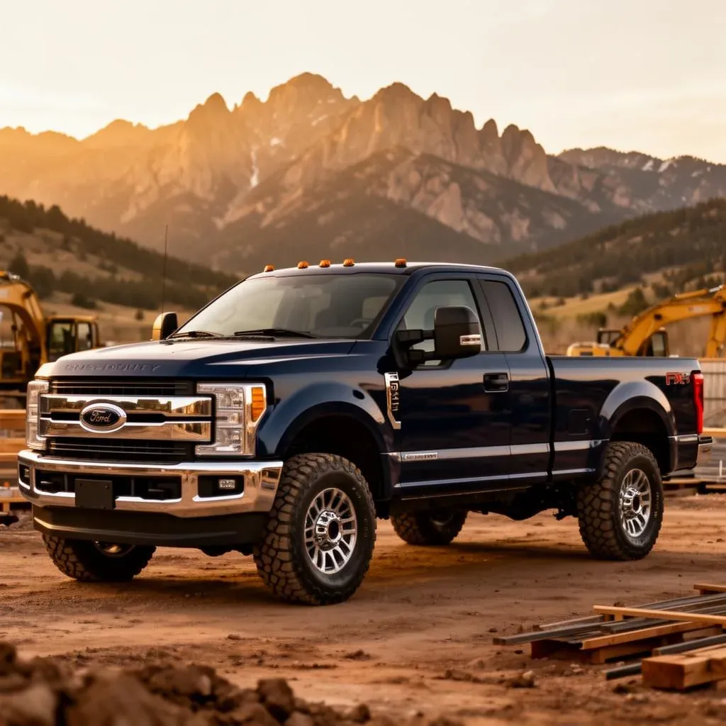 Navy diesel work pickup truck parked at a Boulder County job site with the Rocky Mountain foothills behind