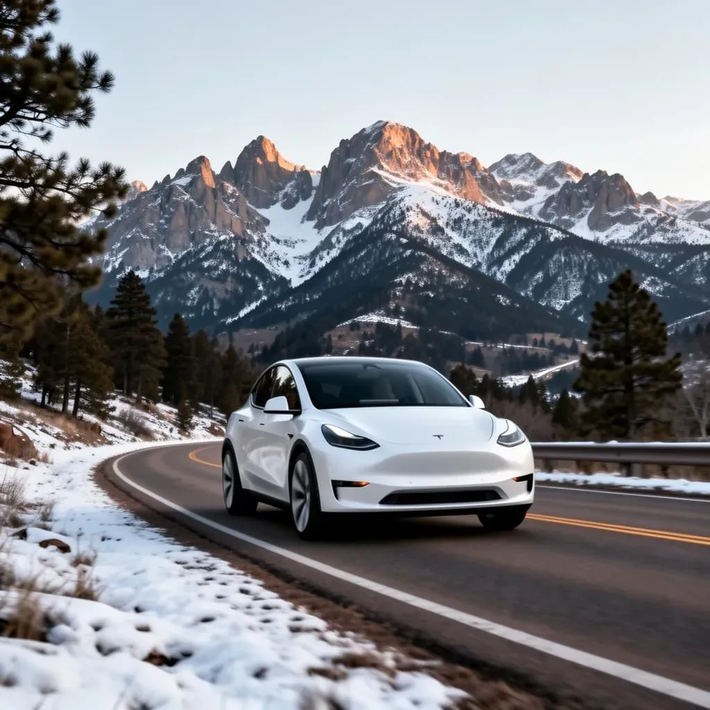 White Tesla Model Y driving a high-altitude Colorado mountain road with snow-capped Rockies