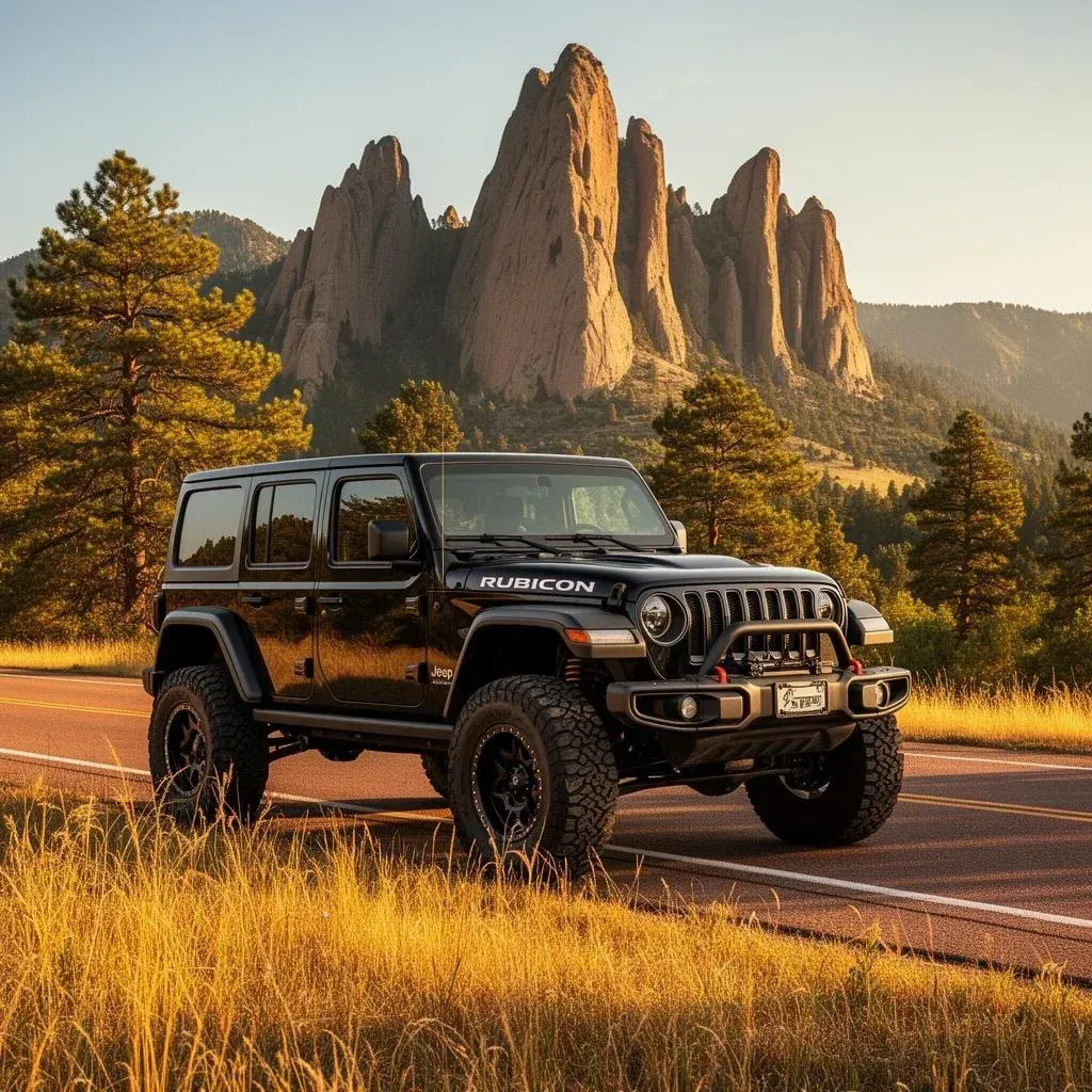 Black Jeep Wrangler Rubicon on a Boulder road with the Flatirons in the background