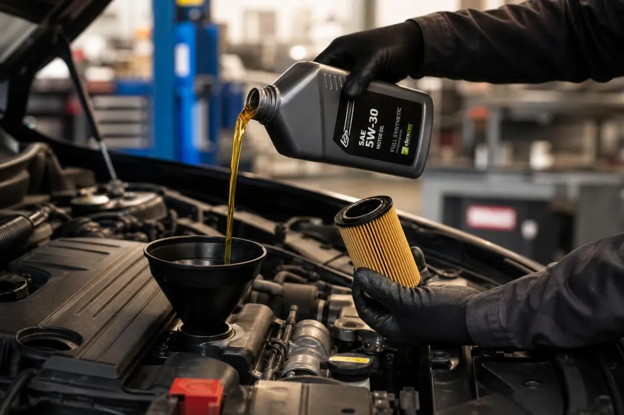 Technician performing an oil change and multi-point inspection at Legacy Automotive in Boulder, Colorado