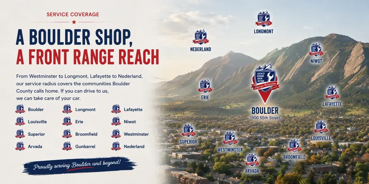 Service coverage map showing Legacy Automotive's Boulder location and surrounding Front Range communities including Longmont, Nederland, Niwot, Erie, Lafayette, Louisville, Superior, Westminster, Broomfield, and Arvada