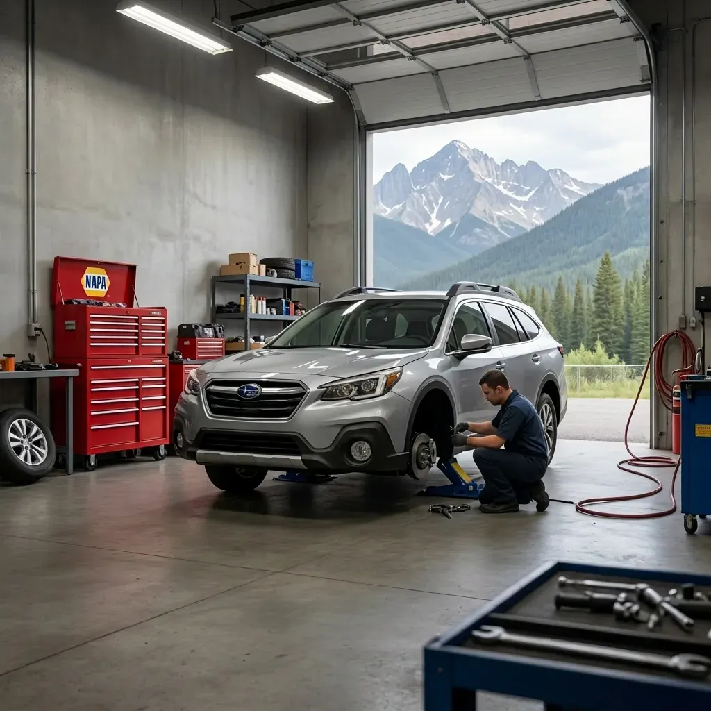 Green Subaru Outback on a Colorado mountain trail surrounded by aspens and pines