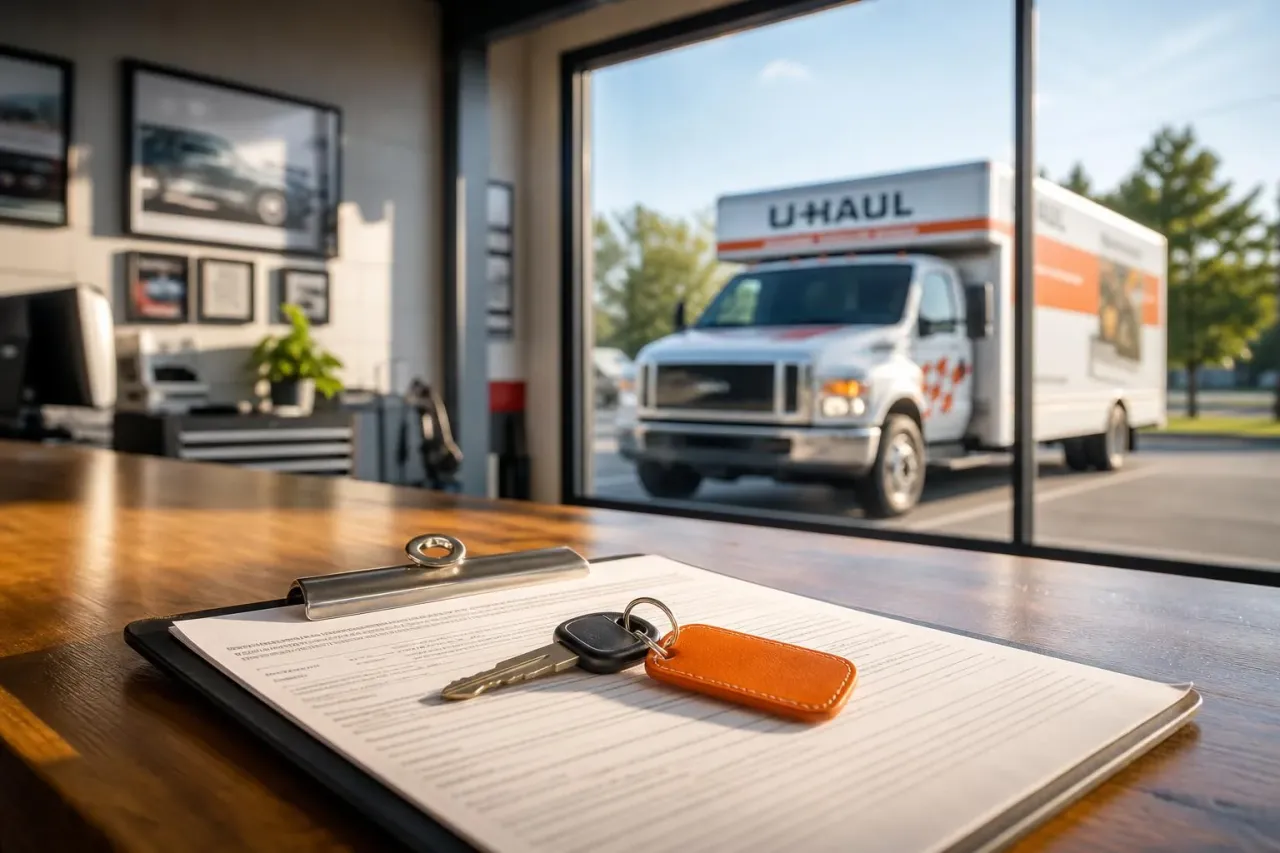 U-Haul rental truck parked outside the Legacy Automotive shop in Boulder, visible through a window with a set of rental keys and contract on the front desk